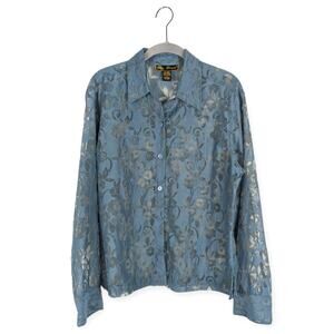 Vintage Mirasol Teal Sheer Floral Linen‎ Blend Button Down Blouse Size Medium